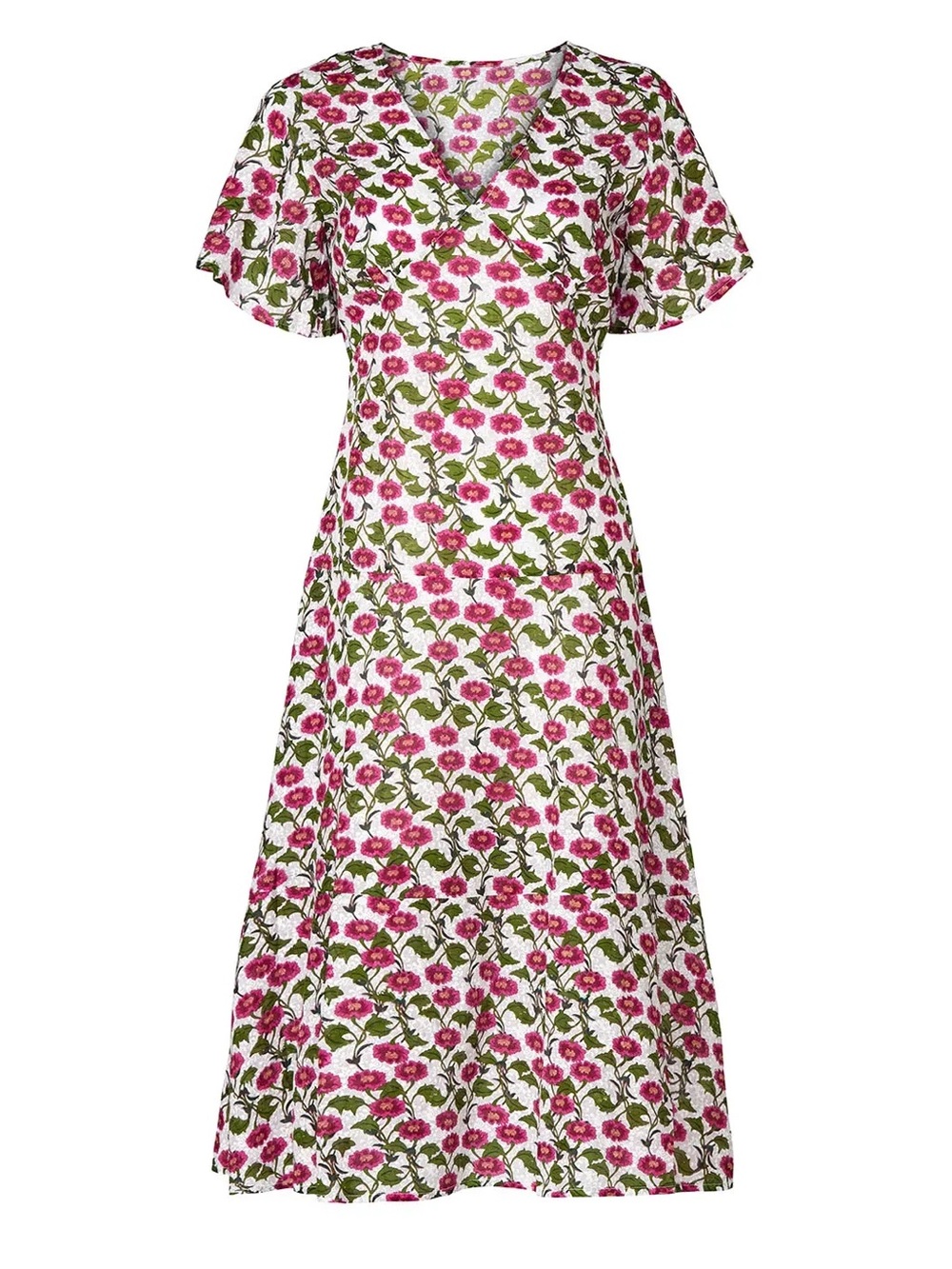 Roller Rabbit Floral Issa Dress Midi Short Sleeve Vneck M Medium Pink Green